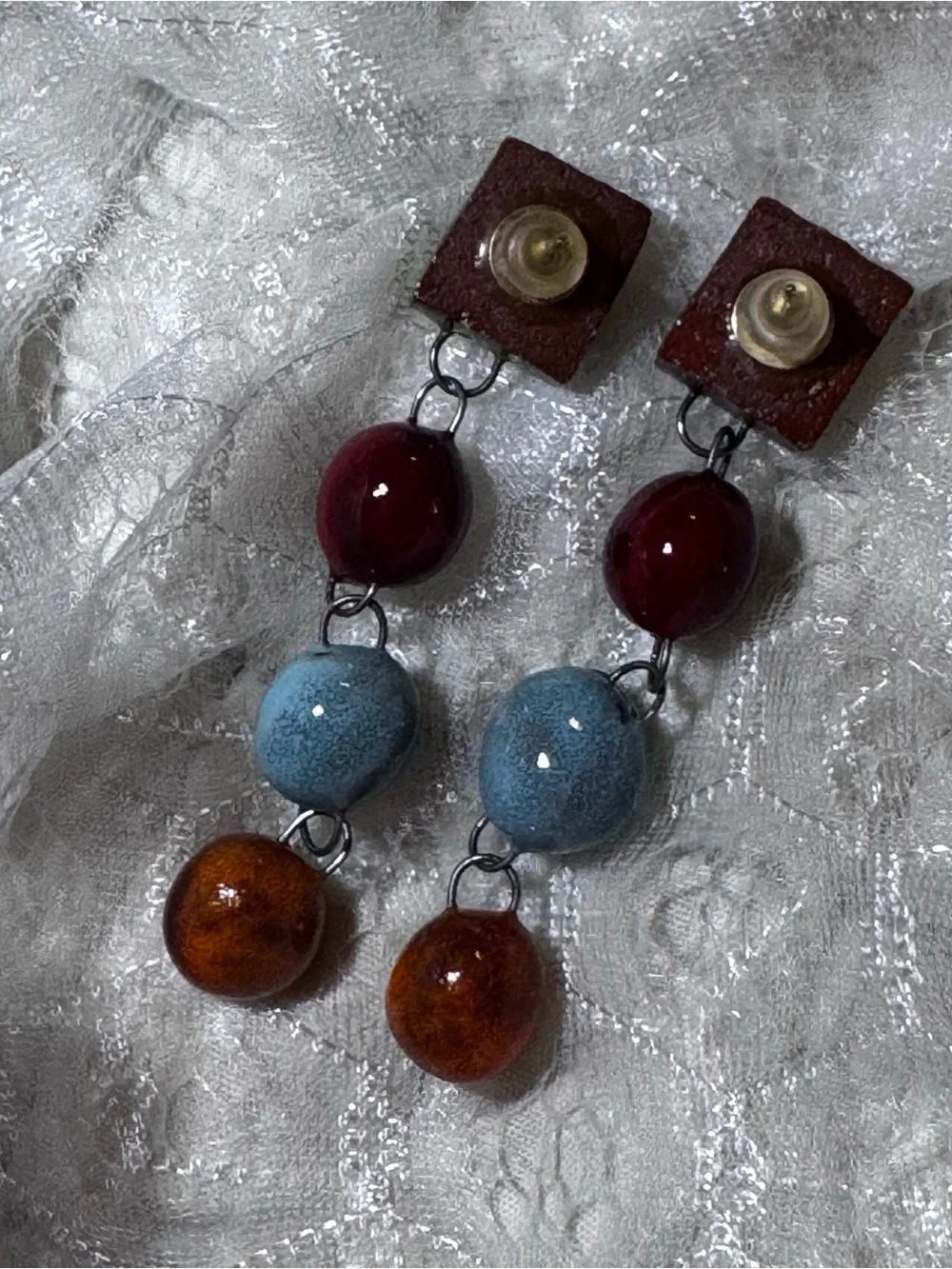 Vintage Artisan Enamel Bead Dangle Earrings Colorful Modernist Boho Pierced
